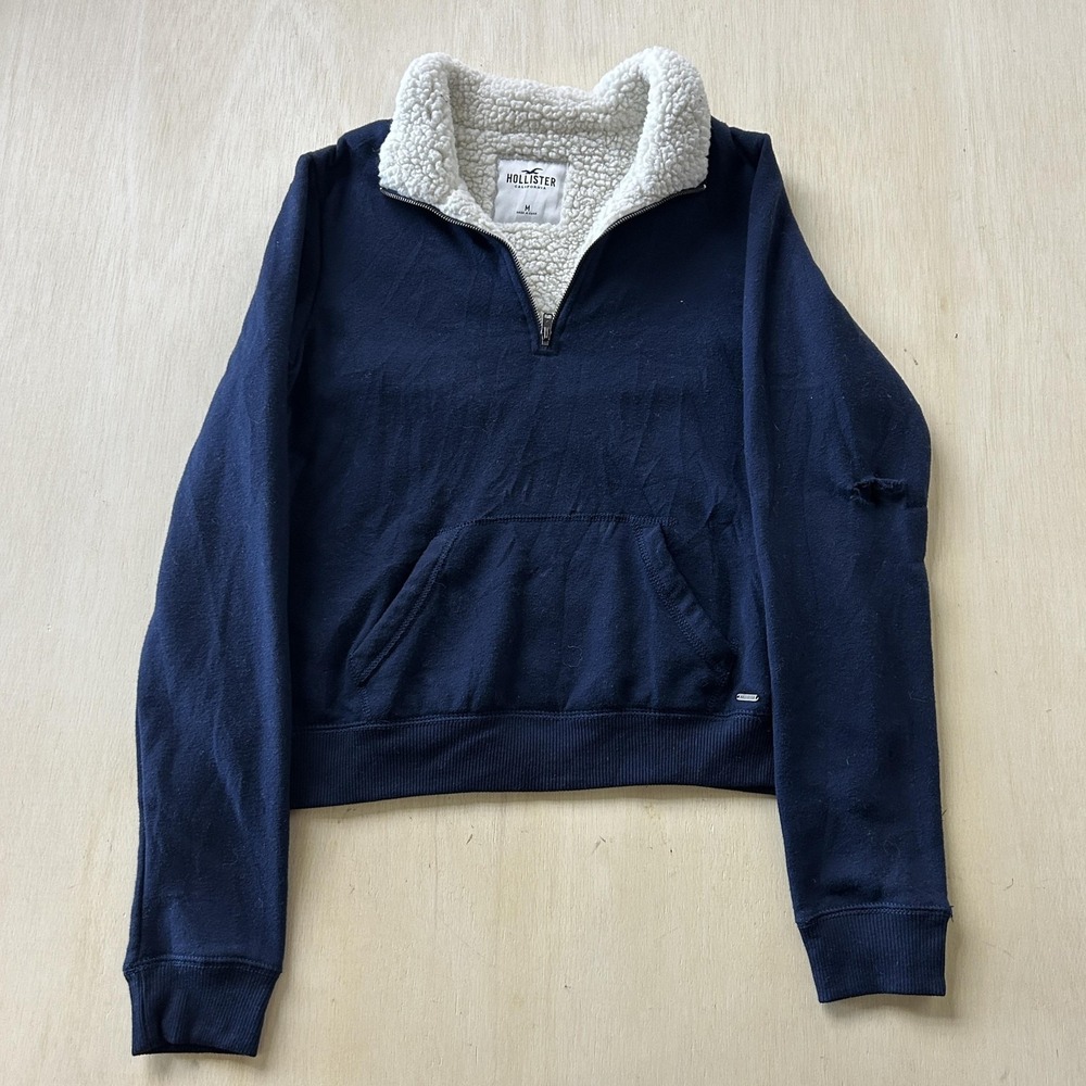 Hollister Sweatshirt Womens Medium Blue Sherpa Fleece 1/4 Zip Mock Neck Pullover